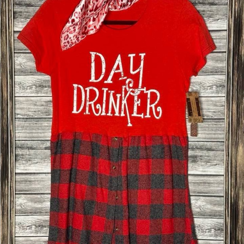 UpCycled Recycled Handmade Day Drinker Red Grey Plaid Sweater Tunic Shirt Gypsy
